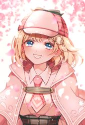 Rule 34 | 1girl, blonde hair, blue eyes, cherry blossoms, eyebrows hidden by hair, flower, hair ornament, hairclip, haori, hat, hololive, hololive english, japanese clothes, looking at viewer, mamaloni, necktie, open mouth, peaked cap, pink hat, ribbon, shirt, short hair, smile, solo, teeth, upper body, virtual youtuber, watson amelia