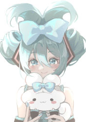 Rule 34 | 1girl, :3, aqua eyes, aqua hair, aqua necktie, bare shoulders, blue bow, blue nails, blush, blush stickers, bow, cinnamiku, cinnamoroll, commentary, detached sleeves, folded ponytail, hair bow, hatsune miku, highres, holding animal, holding rabbit, looking at viewer, marutani, matching outfits, nail polish, necktie, rabbit, sanrio, smile, solo, tied ears, twintails, updo, vocaloid, white background