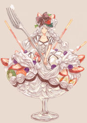 Rule 34 | 1girl, bow, braid, dress, food, food-themed clothes, food as clothes, food on head, fork, fruit, highres, ice cream, kiwi (fruit), long hair, mini person, minigirl, object on head, original, parfait, personification, pocky, solo, strawberry, tanukiudon-umai, twin braids, white eyes, white hair