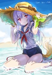 Rule 34 | 1girl, beach, cloud, day, dog tail, elin, emily (pure dream), hands on headwear, hat, highres, legs, long hair, one-piece swimsuit, outdoors, purple eyes, purple hair, ribbon, school swimsuit, school uniform, see-through, serafuku, shirt, shoes, sitting, sketch, sky, smile, solo, sun hat, swimsuit, swimsuit under clothes, tail, tera online, water, wet, wet clothes, wet shirt, wrist ribbon