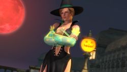 Rule 34 | 1girl, 3d, breasts, brown hair, crossed arms, dark skin, dead or alive, dead or alive 5, halloween, hat, large breasts, lisa hamilton, moon, night, official art, tecmo, witch, witch hat