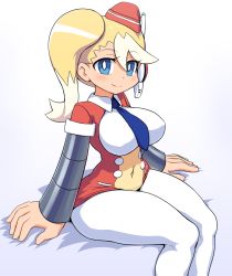 Rule 34 | 1girl, blonde hair, blue eyes, breasts, call (mighty no. 9), call e, female focus, garrison cap, gradient background, hat, headset, jadf, large breasts, long hair, looking at viewer, mighty no. 9, navel, necktie, pantyhose, smile, solo, thick thighs, thighs