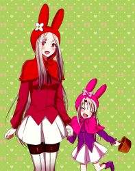 Rule 34 | 2girls, age difference, animal ears, animal hat, bad id, bad pixiv id, basket, boots, rabbit ears, cosplay, fake animal ears, fate/zero, fate (series), hat, hiroshi (kitaro), illyasviel von einzbern, irisviel von einzbern, itou (itsuko), long hair, mother and daughter, multiple girls, my melody, my melody (cosplay), onegai my melody, pantyhose, red eyes, sanrio, thigh boots, thighhighs, type-moon, white hair
