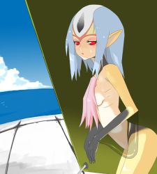 Rule 34 | 1girl, ao no roku-gou, arched back, blue hair, ao no roku-gou, colored skin, from side, mkebi, monster girl, multicolored skin, mutio, nude, outdoors, pointy ears, red eyes, solo, yellow skin
