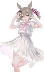 Rule 34 | 1girl, absurdres, alternate costume, animal ears, belt, blush, bow, bowtie, brown eyes, brown hair, cropped shirt, double v, dress, hair bow, hands up, highres, horse ears, looking at viewer, ningen3333, open mouth, shirt, short hair, short sleeves, simple background, smart falcon (umamusume), smile, solo, standing, standing on one leg, twintails, umamusume, v, white background, white dress, white shirt