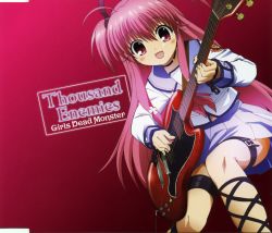 Rule 34 | 10s, 1girl, :d, angel beats!, ankle lace-up, chain, cover, cross-laced footwear, electric guitar, fang, female focus, gibson sg, gradient background, guitar, highres, instrument, long hair, non-web source, official art, open mouth, pink eyes, school uniform, serafuku, short twintails, smile, solo, thigh strap, twintails, two side up, yui (angel beats!)