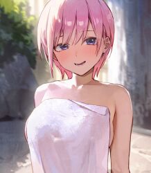 Rule 34 | 1girl, blurry, blurry background, breasts, collarbone, day, go-toubun no hanayome, hair between eyes, large breasts, looking at viewer, medium hair, nakano ichika, naked towel, nature, open mouth, outdoors, paid reward available, pink hair, plant, purple eyes, sideboob, smile, solo, sooon, teeth, towel, upper body, water, waterfall, white towel