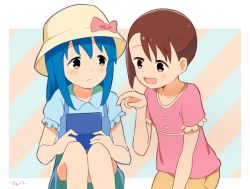 Rule 34 | 2girls, aayh, akamatsu yui, blue hair, blue shirt, bow, brown hair, brown headwear, brown skirt, collarbone, collared shirt, commentary request, diagonal stripes, hand up, handheld game console, hat, hat bow, holding, aoyama kotoha (mitsuboshi colors), long hair, mitsuboshi colors, multiple girls, pink bow, pink shirt, pointing, red eyes, shirt, short sleeves, signature, skirt, striped, striped background