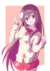 Rule 34 | 1girl, absurdres, achiga school uniform, anzu nanaki, black thighhighs, bow, bowtie, brown hair, cardigan, commentary, cowboy shot, dress shirt, highres, looking at viewer, matsumi kuro, miniskirt, open mouth, outside border, pink background, pleated skirt, purple eyes, red bow, red bowtie, red skirt, saki, saki (manga), saki achiga-hen, school uniform, shirt, skirt, smile, solo, standing, thighhighs, w arms, white shirt, wing collar, yellow cardigan