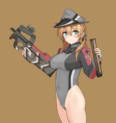 Rule 34 | 1girl, adapted costume, anchor hair ornament, aqua eyes, bare legs, blonde hair, breasts, brown background, bullpup, covered navel, gloves, grey leotard, gun, hair ornament, hat, highres, holding, holding gun, holding weapon, hoshiya takahito, kantai collection, large breasts, leotard, long hair, long sleeves, looking at viewer, low twintails, magazine (weapon), p90, peaked cap, personal defense weapon, prinz eugen (kancolle), simple background, smile, solo, submachine gun, twintails, weapon