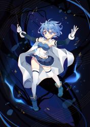 Rule 34 | 1girl, :o, abstract background, absurdres, akitadeer, ankle boots, conductor baton, belt, blue eyes, blue footwear, blue hair, blue skirt, bodice, boots, cape, detached sleeves, frills, full body, gloves, glowing, hair between eyes, highres, holding, holding wand, legs apart, looking down, magical girl, mahou shoujo madoka magica, mahou shoujo madoka magica (anime), miki sayaka, musical note, outstretched arms, short hair, signature, skirt, solo, sparkle, staff (music), thighhighs, wand, white cape, white gloves, white thighhighs, wind, wind lift