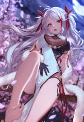 Rule 34 | 1girl, :o, azur lane, backlighting, bare legs, bare shoulders, barefoot, black gloves, black panties, blurry, blush, breasts, brown eyes, cherry blossoms, china dress, chinese clothes, cloud, depth of field, dress, feather boa, floating hair, floral print, full moon, gloves, hair ribbon, head tilt, highres, knee up, large breasts, long hair, looking at viewer, moon, multicolored hair, night, night sky, open mouth, panties, pelvic curtain, petals, plant, prinz eugen (azur lane), red hair, red ribbon, ribbon, side-tie panties, sky, sleeveless, sleeveless dress, solo, streaked hair, thighs, two side up, underwear, very long hair, white dress, white hair, yachimoto