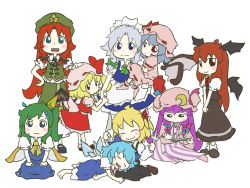 Rule 34 | 6+girls, :&gt;, :d, = =, ^ ^, apron, arm grab, ascot, barefoot, bat wings, blonde hair, blue dress, blue eyes, blue hair, blue ribbon, blush stickers, book, bow, braid, buttons, carrying, chibi, china dress, chinese clothes, cirno, closed eyes, crescent, daiyousei, detached wings, dress, drooling, embodiment of scarlet devil, everyone, fairy wings, flandre scarlet, fork, green eyes, green hair, hair bow, hair ornament, hairclip, hand on headwear, hand on own hip, happy, hat, hat ribbon, head wings, headpat, highres, hong meiling, ice, ice wings, izayoi sakuya, kneeling, knife, koakuma, lap pillow, large bow, long hair, lying, maid, maid apron, maid headdress, mary janes, multiple girls, necktie, nervous, open book, open mouth, patchouli knowledge, peconica, pink dress, purple dress, purple eyes, purple hair, reading, red dress, red eyes, red hair, red ribbon, remilia scarlet, ribbon, rumia, saliva, seiza, shoes, short hair, side ponytail, sidelocks, silver hair, sitting, skirt, skirt set, sleeping, smile, star (symbol), striped clothes, striped dress, touhou, twin braids, v arms, vertical stripes, vest, waist apron, wings, yellow ribbon