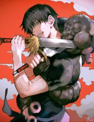 Rule 34 | 1boy, absurdres, black hair, black shirt, blue eyes, chinese commentary, clenched teeth, commentary request, copyright request, eyebrows hidden by hair, glint, hands up, highres, holding, holding sword, holding weapon, kyuuba melo, looking at viewer, male focus, muscular, muscular male, nose, parted lips, red background, shirt, short hair, signature, solo, standing, sword, teeth, upper body, weapon