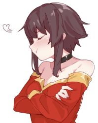 Rule 34 | 1girl, :t, bare shoulders, black choker, blush, breasts, brown hair, choker, closed eyes, closed mouth, collarbone, commentary request, crossed arms, dress, from side, kono subarashii sekai ni shukufuku wo!, long sleeves, megumin, no bra, no headwear, off-shoulder dress, off shoulder, pout, profile, puff of air, re:ankh (mrsz4523), red dress, short hair with long locks, small breasts, solo, upper body