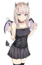 Rule 34 | 1girl, black neckwear, black thighhighs, blue eyes, blush, breasts, cowboy shot, demon girl, demon horns, demon tail, demon wings, dress, embarrassed, expressionless, hands up, highres, horns, light purple hair, long hair, looking to the side, medium breasts, original, polearm, shimamuucho, simple background, solo, standing, strapless, strapless dress, tail, thighhighs, trident, underbust, weapon, white background, wings, zettai ryouiki