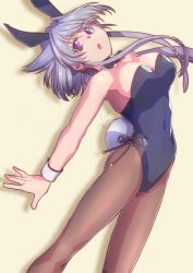 Rule 34 | 1girl, animal ears, black bow, black bowtie, black leotard, blue eyes, bow, bowtie, breasts, brown pantyhose, cleavage, commentary request, detached collar, grey hair, heterochromia, large breasts, lavolpe (yagisaka seto), leotard, original, pantyhose, playboy bunny, purple eyes, rabbit ears, rabbit tail, short hair with long locks, solo, strapless, strapless leotard, tail, wrist cuffs, yagisaka seto