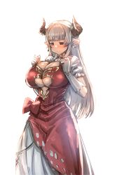 Rule 34 | 10s, 1girl, alicia (granblue fantasy), bow (bhp), breasts, center opening, cleavage, cross, cross earrings, draph, earrings, granblue fantasy, horns, jewelry, large breasts, pointy ears, red eyes, simple background, solo, underboob, venus earrings, venus symbol, white background
