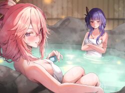 2girls breasts cleavage closed_mouth commentary crossed_arms cup genshin_impact hair_ornament highres holding holding_cup large_breasts long_hair looking_at_viewer multiple_girls naked_towel onsen parted_lips partially_submerged pink_hair purple_eyes purple_hair raiden_shogun same-sex_bathing shared_bathing towel vitaminechan yae_miko