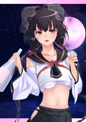 Rule 34 | 1girl, absurdres, amasora taichi, bad id, bad tinami id, black hair, blush, bottle, collarbone, detached sleeves, highres, holding, light particles, long hair, looking at viewer, midriff, moon, navel, no panties, open mouth, original, pink moon, red eyes, school uniform, serafuku, sky, solo, star (sky), starry sky, twintails