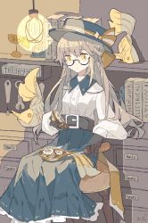 Rule 34 | 1girl, belt, belt buckle, black gloves, blouse, blue hat, blue skirt, book, bookend, bow, brown bow, brown hair, buckle, buttons, cabinet, center frills, chair, collared shirt, commentary, desk, drawer, english commentary, english text, fish, frilled skirt, frills, gears, glasses, gloves, hair bow, hanging light, hat, hat ornament, hat ribbon, holding, holding screwdriver, light, light blush, light brown hair, light bulb, long hair, long skirt, long sleeves, looking at viewer, melanbread, non-humanoid robot, original, ribbon, robot, robot animal, robot fish, screwdriver, semi-rimless eyewear, shadow, shelf, shirt, signature, sitting, skirt, solo, steampunk, striped ribbon, twitter username, watermark, white shirt, wrench, yellow eyes