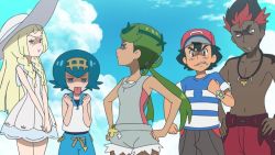 Rule 34 | 2boys, 3girls, angry, ash ketchum, blonde hair, blue hair, creatures (company), dark-skinned female, dark-skinned male, dark skin, game freak, green hair, hands on own hips, jewelry, kiawe (pokemon), lana (pokemon), lillie (pokemon), looking at viewer, looking down, mallow (pokemon), multiple boys, multiple girls, necklace, nintendo, pokemon, pokemon (anime), pokemon sm, pokemon sm (anime), pout, screencap, shaded face, tongue, tongue out, topless male, twintails, z-ring