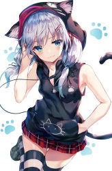 Rule 34 | 1girl, animal ear fluff, animal ears, armpits, bare arms, bare shoulders, black jacket, blue eyes, breasts, cable, cat ears, cat tail, earphones, fang, hair ornament, hairclip, hand in pocket, hand up, highres, hood, hooded jacket, huwari (dnwls3010), jacket, leg up, loafers, long hair, looking at viewer, low twintails, miniskirt, original, paw print, paw print background, pleated skirt, red skirt, shoes, silver hair, skirt, sleeveless, sleeveless jacket, small breasts, smile, solo, striped clothes, striped thighhighs, tail, tail raised, thighhighs, twintails, white background, zettai ryouiki