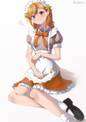Rule 34 | 1girl, absurdres, apron, heart, highres, long hair, looking at viewer, love live!, love live! superstar!!, maid apron, puffy sleeves, purple eyes, shibuya kanon, short sleeves, simple background, smile, solo, yzlkun