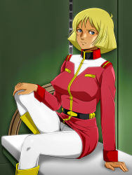 Rule 34 | 1girl, bed, belt, blonde hair, blue eyes, bonjin-do, boots, breasts, female focus, gundam, highres, large breasts, legs, looking at viewer, military, military uniform, mobile suit gundam, pants, sayla mass, serious, short hair, sitting, solo, thighs, uniform
