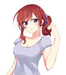 Rule 34 | 10s, 1girl, alternate hairstyle, blush, breasts, cleavage, grin, long hair, looking at viewer, love live!, love live! school idol project, nishikino maki, okanoyuno, parted lips, ponytail, purple eyes, purple shirt, red hair, scrunchie, shirt, simple background, smile, solo, upper body, white background