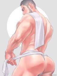 Rule 34 | 1boy, ass, bara, black hair, chest hair, facial hair, fundoshi, golden kamuy, japanese clothes, large pectorals, male focus, muscular, muscular male, nopinzo, pectorals, short hair, solo, tanigaki genjirou, thick eyebrows, towel, towel on one shoulder, twitter username