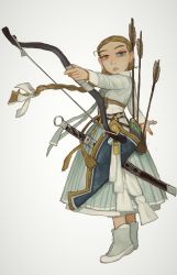 Rule 34 | 1girl, arrow (projectile), blue eyes, boots, bow (weapon), braid, floating hair, full body, heterochromia, highres, holding, holding bow (weapon), holding weapon, long hair, long sleeves, looking at viewer, mossacannibalis, original, parted lips, simple background, solo, standing, sword, tassel, weapon, white background, white footwear, yellow eyes