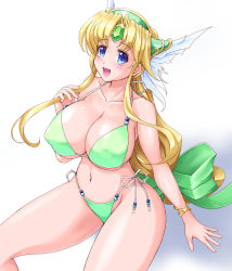 Rule 34 | 1girl, bikini, blonde hair, blue eyes, breasts, cleavage, female focus, helmet, large breasts, long hair, low-tied long hair, raochuu, riesz, seiken densetsu, seiken densetsu 3, sitting, smile, solo, swimsuit, winged helmet