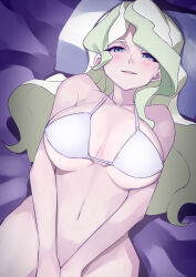 Rule 34 | 1girl, blonde hair, blue eyes, blush, breasts, coveredcore, diana cavendish, highres, large breasts, light green hair, little witch academia, long hair, looking at viewer, multicolored hair, no panties, open mouth, smile, solo, swimsuit, tagme, two-tone hair, wavy hair, witch