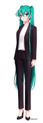 Rule 34 | 1girl, ango, ankkoyom, aqua eyes, aqua hair, bad id, bad pixiv id, formal, full body, hatsune miku, high heels, highres, long hair, looking at viewer, simple background, solo, suit, twintails, very long hair, vocaloid, white background