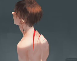 Rule 34 | 1boy, back turned, bare back, brown hair, deep wound, grey background, injury, loika, looking away, male focus, original, shaded face, topless male, short hair, simple background, watermark