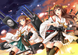 Rule 34 | 10s, 2girls, artist name, bare shoulders, battle, blue eyes, blush, boots, breasts, brown eyes, brown hair, cannon, detached sleeves, double bun, fire, hair ornament, hairband, headgear, hiei (kancolle), japanese clothes, kantai collection, kongou (kancolle), long hair, miko, multiple girls, nontraditional miko, open mouth, personification, plaid, ribbon-trimmed sleeves, ribbon trim, short hair, skirt, smoke, thigh boots, thighhighs, turret, villyane, wide sleeves, zettai ryouiki