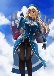 Rule 34 | 10s, 1girl, atago (kancolle), beret, black gloves, black pantyhose, blonde hair, blue sky, breasts, cannon, cloud, day, gloves, green eyes, hat, highres, kantai collection, large breasts, long hair, mecha musume, military, military uniform, open mouth, panties, panties under pantyhose, pantyhose, pas (paxiti), showgirl skirt, sky, smile, solo, underwear, uniform