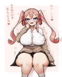 Rule 34 | 1girl, arm support, blue eyes, blush, breast pocket, breasts, buttons, commentary request, feet out of frame, hair between eyes, heart, highres, ichika (ichika manga), large breasts, looking at viewer, no nose, no pupils, off shoulder, open mouth, original, outside border, pink background, pink hair, pleated skirt, pocket, simple background, sitting, skirt, solo, thick thighs, thighs, translation request, tsurime, twintails, white background