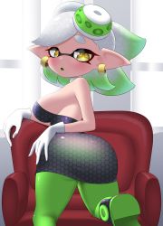 Rule 34 | + +, 1girl, absurdres, ass, bare shoulders, black dress, blush, boots, breasts, choker, couch, domino mask, dress, earrings, from behind, gloves, gradient hair, green hair, green pantyhose, highres, jewelry, kneeling, looking back, marie (splatoon), mask, medium breasts, multicolored hair, nintendo, open mouth, pantyhose, pero (pero7762), pointy ears, silver hair, soles, solo, splatoon (series), tentacle hair, thick eyebrows, two-tone hair, white gloves, yellow eyes