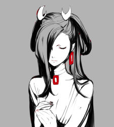Rule 34 | 00s, 1girl, choker, closed mouth, earrings, egawa satsuki, closed eyes, gankutsuou, grey background, hair ornament, hair over one eye, haydee (gankutsuou), jewelry, long hair, monochrome, red theme, simple background, solo, spot color, upper body, v-neck, very long hair