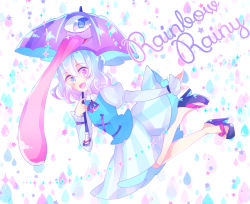 Rule 34 | 1girl, :d, blue eyes, blue hair, blue skirt, blue vest, commentary request, cross-laced clothes, english text, frilled shirt collar, frilled sleeves, frills, full body, hair between eyes, heterochromia, high heels, holding, holding umbrella, juliet sleeves, karakasa obake, long sleeves, looking at viewer, okobo, one-hour drawing challenge, one eye closed, open mouth, outdoors, puffy sleeves, purple umbrella, rainbow, ratto (mobilis 1870), red eyes, sandals, short hair, simple background, skirt, smile, solo, tatara kogasa, tongue, touhou, umbrella, vest, white background