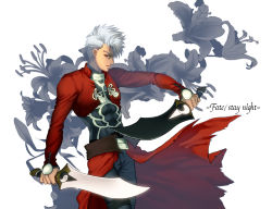 Rule 34 | 1boy, archer (fate), bad id, bad pixiv id, brown eyes, dual wielding, fate/stay night, fate (series), flower, holding, kanshou &amp; bakuya (fate), male focus, solo, sword, weapon, white hair, yu (8dgc4mfc)