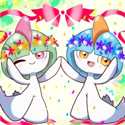 Rule 34 | 2others, arms up, blue flower, blue hair, blunt bangs, blush, bow, bowl cut, child, closed mouth, colored skin, confetti, creatures (company), flower, flower wreath, game freak, gen 3 pokemon, green hair, happy, head wreath, holding hands, looking at viewer, monya, multiple others, nintendo, one eye closed, open mouth, orange eyes, orange flower, other focus, outline, pokemon, pokemon (creature), purple flower, ralts, red bow, red eyes, red flower, red ribbon, ribbon, shiny and normal, shiny pokemon, short hair, smile, symmetry, white flower, white outline, white skin, wink