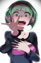 Rule 34 | 1girl, blush, choker, covering privates, covering chest, green eyes, green hair, headphones, open mouth, phonon (under night in-birth), short hair, solo, teeth, touniyuu, under night in-birth, under night in-birth exe:late[st], upper body, upper teeth only, white background