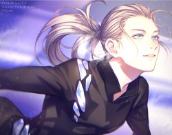 Rule 34 | 10s, 1boy, bad id, bad twitter id, blue eyes, blurry, breath, character name, chromatic aberration, copyright name, depth of field, hr jam, long hair, looking afar, male focus, ponytail, silver hair, smile, solo, twitter username, upper body, viktor nikiforov, watermark, aged down, yuri!!! on ice