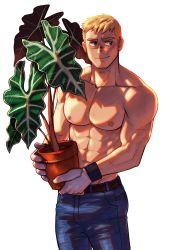 Rule 34 | 1boy, abs, bara, blonde hair, blush, bulge, denim, facial hair, flower pot, goatee, highres, holding, holding flower pot, holding pot, jeans, large pectorals, looking to the side, male focus, mocucumo, muscular, muscular male, navel, nipples, original, pants, pectorals, plant, pot, potted plant, scar, scar on face, scar on nose, short hair, simple background, smile, solo, topless male, white background