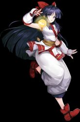Rule 34 | 1girl, ainu clothes, arm up, blue eyes, breasts, fingerless gloves, gloves, hair ribbon, highres, leg lift, leg up, legs, long hair, looking at viewer, nakoruru, official art, orb, pants, parted lips, purple hair, ribbon, samurai spirits, small breasts, smile, snk, the king of fighters, thighs, walking