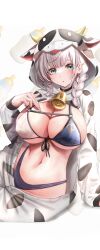 Rule 34 | absurdres, animal costume, animal ears, animal print, bell, bikini, blue bikini, braid, breasts, chest strap, cow costume, cow ears, cow girl, cow horns, cow print, cowbell, grey hair, highres, hololive, hololive fantasy, horns, image sample, large breasts, maison de cante, neck bell, shirogane noel, side braid, swimsuit, twitter sample, virtual youtuber
