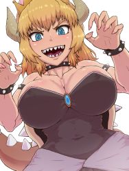 Rule 34 | &gt;:d, 1girl, areola slip, armlet, bare shoulders, black dress, blonde hair, blue eyes, bowsette, bracelet, breasts, claw pose, collar, collarbone, commentary request, covered erect nipples, crown, dress, dutch angle, fingernails, hands up, highres, hip focus, horns, jewelry, large breasts, long hair, mario (series), nail polish, new super mario bros. u deluxe, nintendo, open mouth, pink nails, senpu86, sharp teeth, simple background, smile, solo, spiked armlet, spiked bracelet, spiked collar, spiked shell, spikes, strapless, strapless dress, super crown, tail, teeth, turtle shell, upper body, v-shaped eyebrows, white background